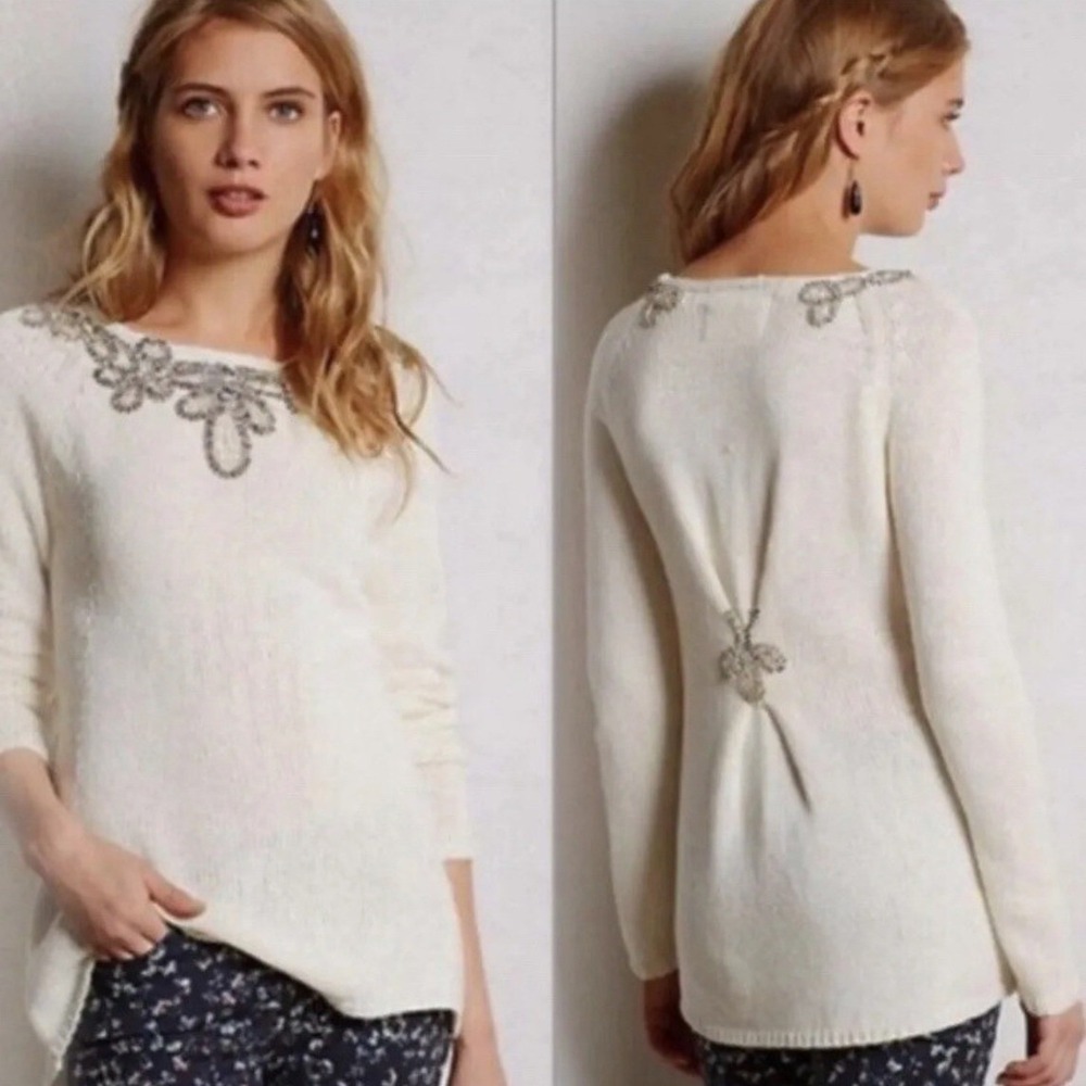 Anthropologie Angel of the‎ North Bobine Tunic Sweater Medium Cream Embroidered